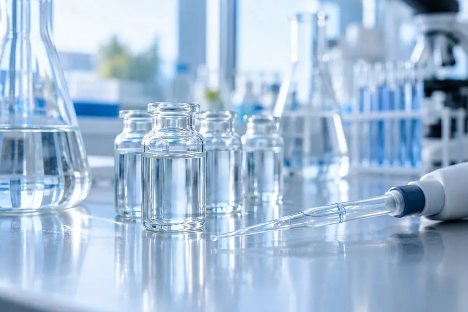 Fiole și pipetă pe o masă de laborator